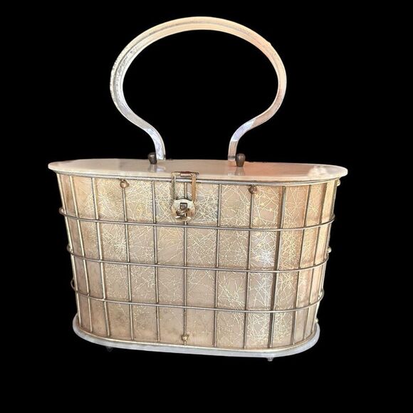 1950s Pearlised Lucite, gold speckled plastic and gold tone metal case handbag